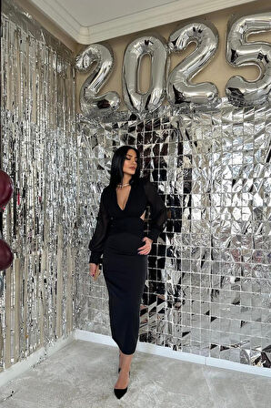 leyla sanat sanata yeni bir bakış açısı Siyah Kolları Şifon Arka Bel Detaylı Elbise