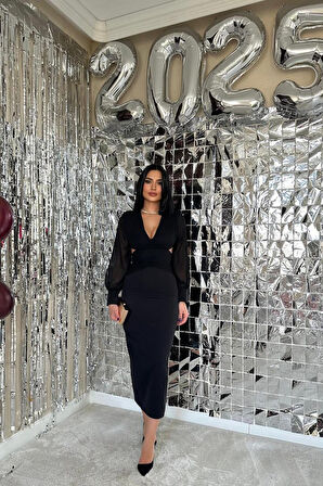 leyla sanat sanata yeni bir bakış açısı Siyah Kolları Şifon Arka Bel Detaylı Elbise