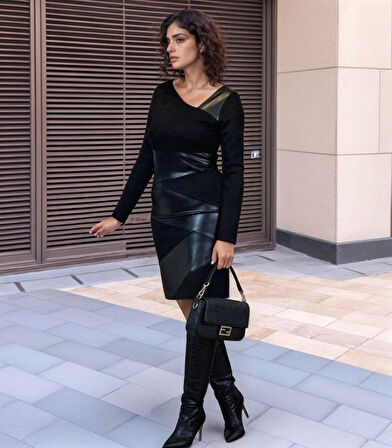 leyla sanat sanata yeni bir bakış açısı Kadın Uzun Kollu Asimetrik Yaka Süet Ve Deri Mini Boy Elbise