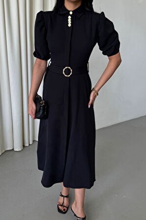 leyla sanat sanata yeni bir bakış açısı YAKA DÜĞME DETAYLI ELBİSE - Siyah