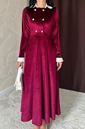 leyla sanat sanata yeni bir bakış açısı Bordo Yakası Taşlı Garnili Kadife Elbise