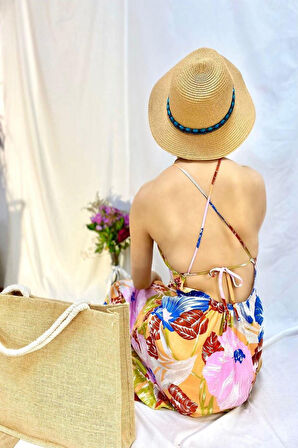 leyla sanat sanata yeni bir bakış açısı Mavi Sırt Dekolteli Keten Elbise