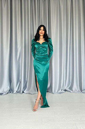 leyla sanat sanata yeni bir bakış açısı Zümrüt Göğsü Kuplu Yırtmaçlı Elbise