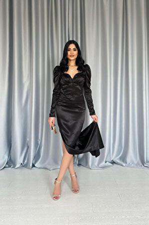 leyla sanat sanata yeni bir bakış açısı Siyah Göğsü Kuplu Yırtmaçlı Elbise