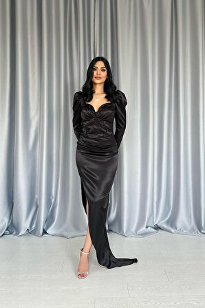 leyla sanat sanata yeni bir bakış açısı Siyah Göğsü Kuplu Yırtmaçlı Elbise