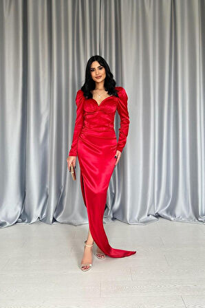 leyla sanat sanata yeni bir bakış açısı Kırmızı Göğsü Kuplu Yırtmaçlı Elbise