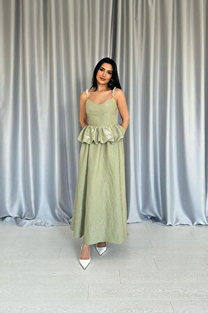 leyla sanat sanata yeni bir bakış açısı Yeşil Beli Büzgülü İnci Askılı Uzun Elbise
