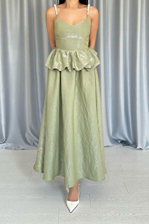 leyla sanat sanata yeni bir bakış açısı Yeşil Beli Büzgülü İnci Askılı Uzun Elbise