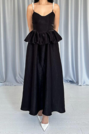 leyla sanat sanata yeni bir bakış açısı Siyah Beli Büzgülü İnci Askılı Uzun Elbise