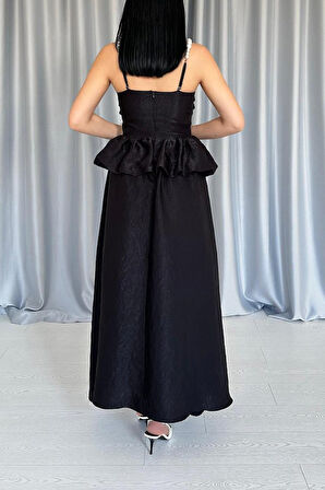 leyla sanat sanata yeni bir bakış açısı Siyah Beli Büzgülü İnci Askılı Uzun Elbise