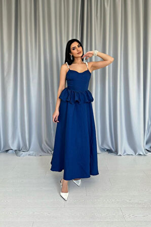 leyla sanat sanata yeni bir bakış açısı Lacivert Beli Büzgülü İnci Askılı Uzun Elbise