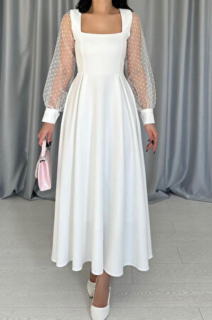 leyla sanat sanata yeni bir bakış açısı Beyaz Kolları Organze Kuplu Elbise