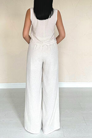 leyla sanat sanata yeni bir bakış açısı Bej Önü Fiyonklu Keten Takım