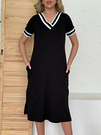 leyla sanat sanata yeni bir bakış açısı Kadın Kısa Kollu V Yaka Kol Ve Yaka Ribana Detay Midi Boy Viskon Elbise