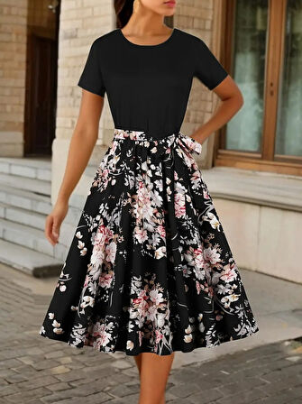 leyla sanat sanata yeni bir bakış açısı Kadın Kısa Kollu Bisiklet Yaka çiçek Desenli üst Viskon Alt Süprem Kısa Elbise