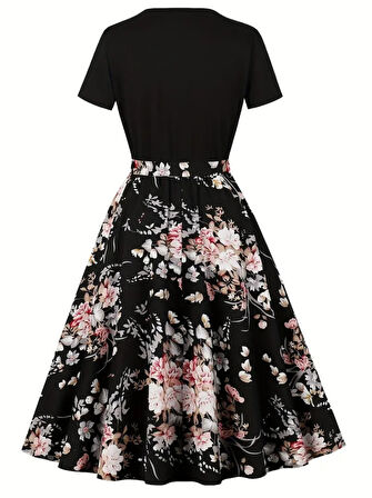 leyla sanat sanata yeni bir bakış açısı Kadın Kısa Kollu Bisiklet Yaka çiçek Desenli üst Viskon Alt Süprem Kısa Elbise