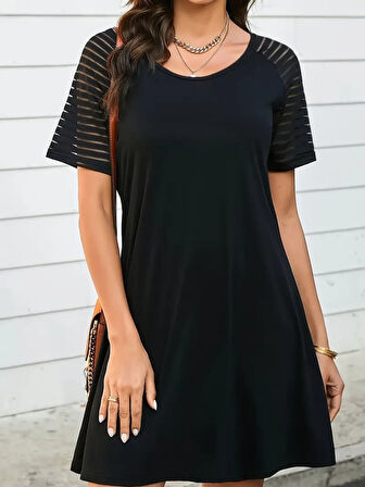 leyla sanat sanata yeni bir bakış açısı Kadın Kısa Kollu Yuvarlak Yaka şerit Kol Detaylı Viskon Elbise