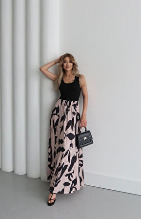 leyla sanat sanata yeni bir bakış açısı Kadın Askılı Yuvarlak Yaka üst Viskon Alt Desenli Uzun Süprem Elbise