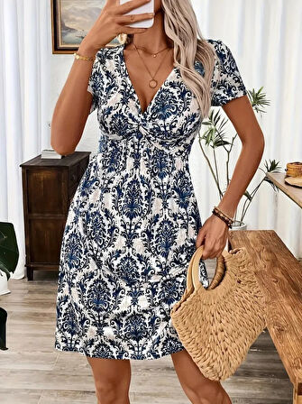 leyla sanat sanata yeni bir bakış açısı Kadın Kısa Kollu V çapraz Yaka Detaylı Desenli Süprem Elbise