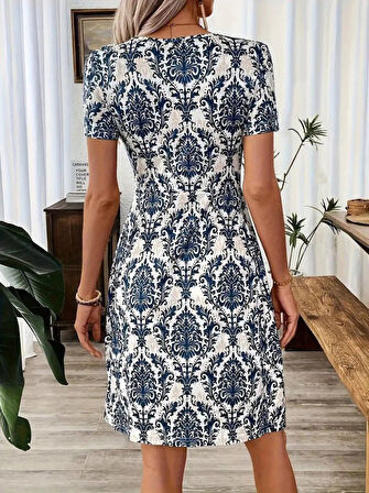 leyla sanat sanata yeni bir bakış açısı Kadın Kısa Kollu V çapraz Yaka Detaylı Desenli Süprem Elbise