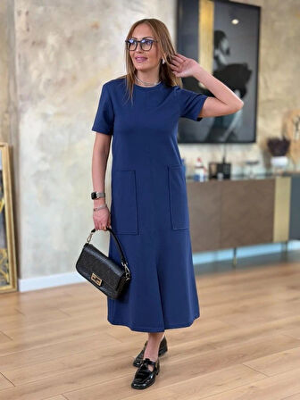 leyla sanat sanata yeni bir bakış açısı Kadın Kısa Kollu Bisiklet Yakalı Cepli önden Yırtmaçlı Viskon Iki Iplik Midi Elbise