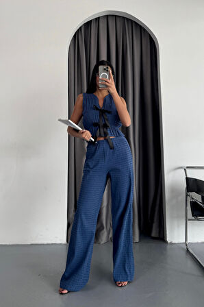 leyla sanat sanata yeni bir bakış açısı GOFRE BLUZ-PANTOLON TK KURDELE DETAYLI - Mavi