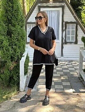 leyla sanat sanata yeni bir bakış açısı Kadın Kısa Kollu V Yakalı Iki Iplik Bluz Ve Pantolon Ikili Takım