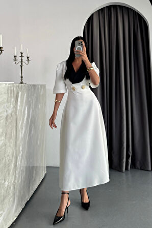 leyla sanat sanata yeni bir bakış açısı TASARIM ELBİSE CEKET YAKA GOLD DÜĞME DETAYLI KISA KOL - Beyaz