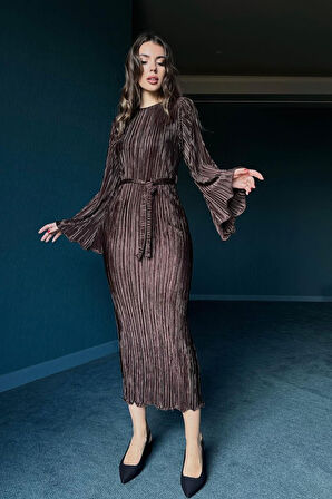 leyla sanat sanata yeni bir bakış açısı Kahverengi İspanyol Kol Piliseli Elbise