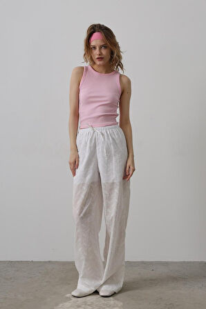 leyla sanat sanata yeni bir bakış açısı Beli Bağlamalı Brode Pantolon - Beyaz