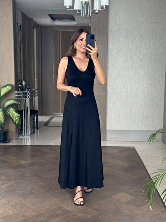 leyla sanat sanata yeni bir bakış açısı Kadın Askılı V Yakalı Yırtmaçlı Viskon Elbise