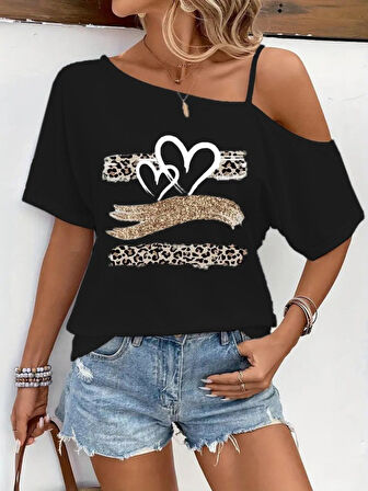 leyla sanat sanata yeni bir bakış açısı Kadın Tek Omuzu Açık Ip Askılı Baskılı Viskon Bluz