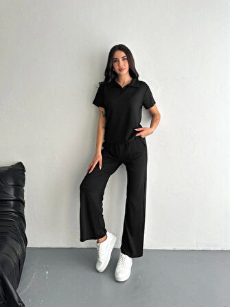 leyla sanat sanata yeni bir bakış açısı Osy Modal Yumuşak Dokulu Kumaş Kısa Kollu Yakalı T-shirt Pantalon Ikili Takım- Siyah
