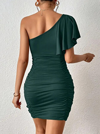 leyla sanat sanata yeni bir bakış açısı Kadın Tek Omuzu Açık Asimetrik Yaka Detaylı Büzgülü Sandy Elbise