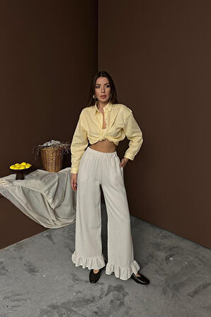 leyla sanat sanata yeni bir bakış açısı Bej Paçası Fırfırlı Keten Pantolon