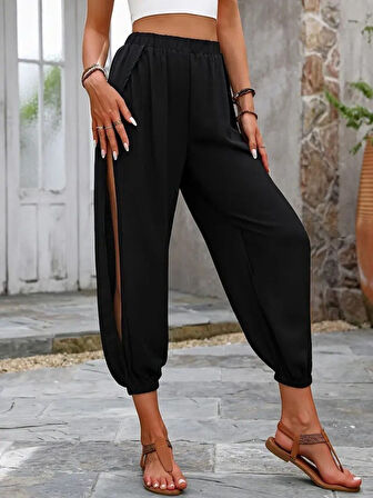 leyla sanat sanata yeni bir bakış açısı Kadın Yüksek Belli Yanlardan çapraz Detay Yırtmaçlı Viskon Pantolon