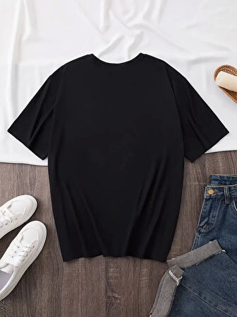 leyla sanat sanata yeni bir bakış açısı Baskılı Oversize Bisiklet Yaka T-shirt - Siyah