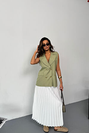 leyla sanat sanata yeni bir bakış açısı GOLD DÜĞMELİ KETEN YELEK - Yeşil