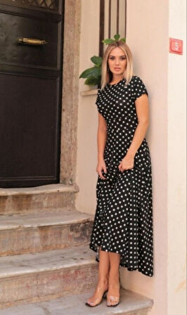 leyla sanat sanata yeni bir bakış açısı Kadın Kısa Kollu Bisiklet Yaka Puantiyeli Maksi örme Krep Elbise