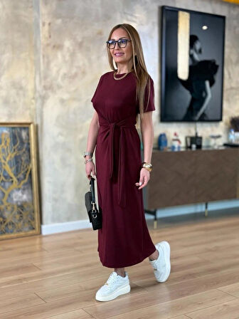 leyla sanat sanata yeni bir bakış açısı Kadın Kısa Kollu Bisiklet Yaka Yandan Bağlamalı Viskon Iki Iplik Elbise