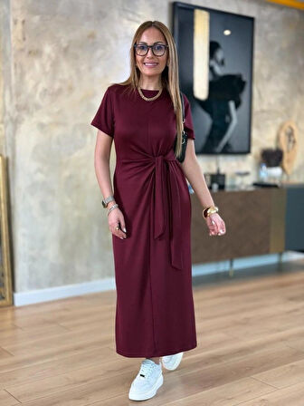 leyla sanat sanata yeni bir bakış açısı Kadın Kısa Kollu Bisiklet Yaka Yandan Bağlamalı Viskon Iki Iplik Elbise