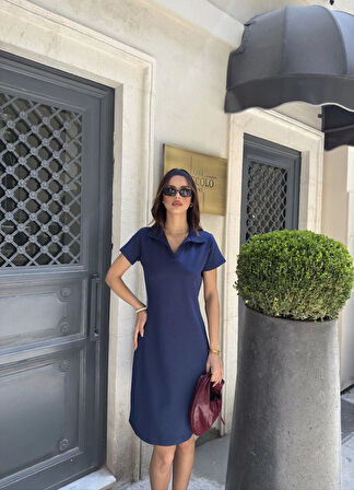 leyla sanat sanata yeni bir bakış açısı Osy Modal Yumuşak Dokulu Kumaş Yakalı Kısa Kollu Elbise - Mavi