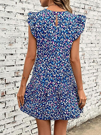 leyla sanat sanata yeni bir bakış açısı Kadın Kısa Kollu Bisiklet Yaka Etek Ucu Volanlı Kısa Dokuma Elbise