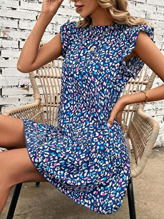 leyla sanat sanata yeni bir bakış açısı Kadın Kısa Kollu Bisiklet Yaka Etek Ucu Volanlı Kısa Dokuma Elbise