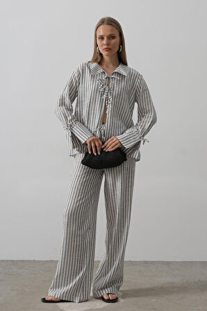 leyla sanat sanata yeni bir bakış açısı Çzgili Bağlamalı Pantolon Takım - Siyah