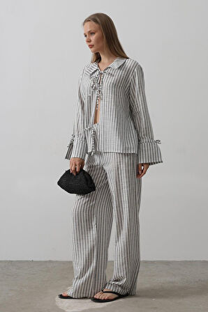 leyla sanat sanata yeni bir bakış açısı Çzgili Bağlamalı Pantolon Takım - Siyah