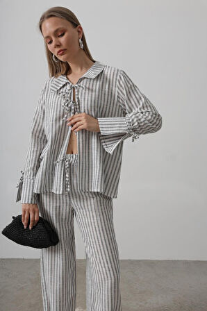 leyla sanat sanata yeni bir bakış açısı Çzgili Bağlamalı Pantolon Takım - Siyah