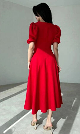 leyla sanat sanata yeni bir bakış açısı Kadın Kısa Balon Kollu Bisiklet Yaka Geniş Kesim Janjan Krep Elbise