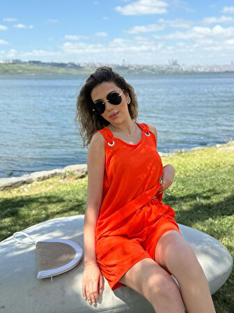 leyla sanat sanata yeni bir bakış açısı Kadın Kolsuz V Yaka Kuş Gözü Detay Bluz Short Aerobin Ikili Takım