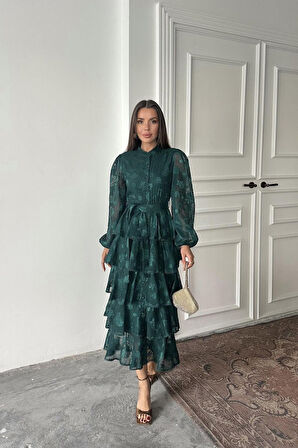 leyla sanat sanata yeni bir bakış açısı Zümrüt Valonlu Şeritli Kat Kat Elbise